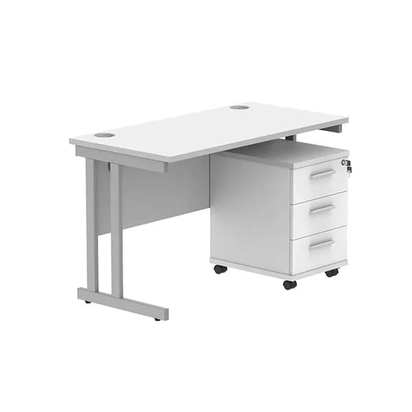 Double Upright Rectangular Desk + 3 Drawer Mobile Under Desk Pedestal